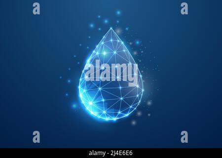 Water drop 3d symbol in blue low poly style. Droplet, raindrop design concept vector illustration. Oil drop polygonal wireframe. Stock Vector