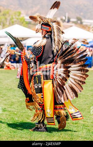 Malibu, California, USA - April 9, 2022. Powwow.  Portrait of Native American man in Full Regalia. Chumash Day Powwow and Intertribal Gathering. Stock Photo