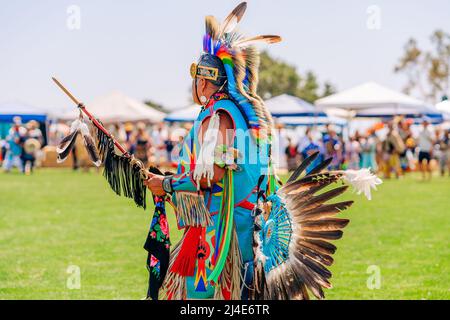 Malibu, California, USA - April 9, 2022. Powwow.  Native Americans dressed in full regalia. Details of regalia close up.  Chumash Day Powwow and Inter Stock Photo