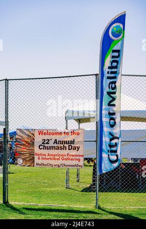 Malibu, California, USA - April 9, 2022. Powwow. 22nd Annual Chumash Day sign in City of Malibu Stock Photo