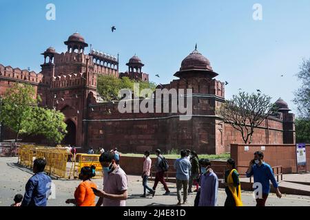 Walls of the Red Fort. The impressive wall was built in red sandstone. Delhi, India, Asia Stock Photo