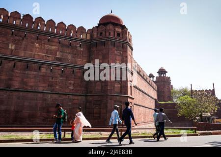Walls of the Red Fort. The impressive wall was built in red sandstone. Delhi, India, Asia Stock Photo