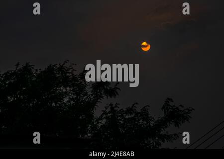 Bright shining moon through clouds above tree branches in silhouette in the early night Stock Photo