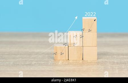 Graphic symbols on wooden blocks financial planning investment growth stock market numbers growth From the past to 2022 Stock Photo