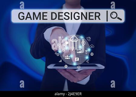 Handwriting text Game Designer. Conceptual photo Campaigner Pixel Scripting Programmers Consoles 3D Graphics Lady Pressing Screen Of Mobile Phone Stock Photo