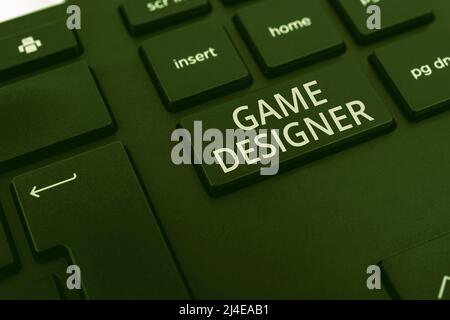 Sign displaying Game Designer. Conceptual photo Campaigner Pixel Scripting Programmers Consoles 3D Graphics Computer Keyboard And Symbol.Information Stock Photo
