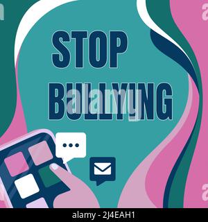 Handwriting text Stop Bullying. Business idea Fight and Eliminate this Aggressive Unacceptable Behavior Finger Pressing Application Button Presenting Stock Photo