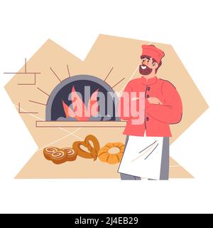 Baker standing next by oven with baked bread, flat vector illustration isolatede. Stock Vector
