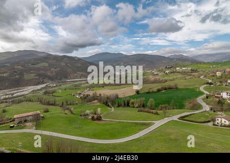 Panoramic view of the Ceno Valley from the Bardi Castle, Parma, Italy Stock Photo