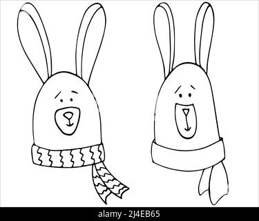 Two Cute rabbits faces doodle illustration. Hand drawn baby vector Stock Vector
