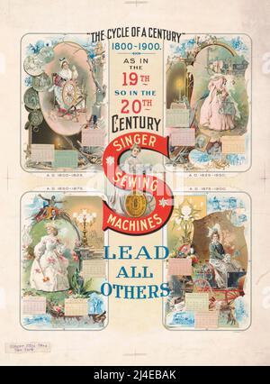 Early 20th century ad for Singer Sewing Machines. The cycle of a century, 1800-1900, Singer machines lead all others. Lithograph by A. Hoen & Co Stock Photo