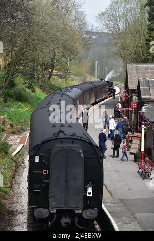 Steam train, Haworth railway station, engine sheds, K.W.V.R, West ...