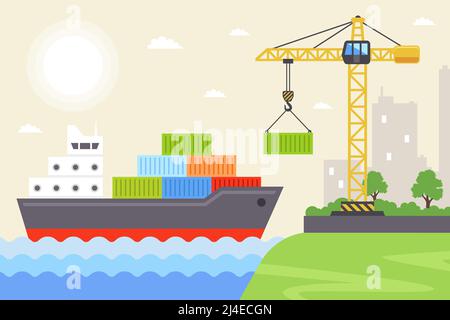 dry cargo ship near the coast is loaded with containers for transportation across the seas. flat vector illustration. Stock Vector