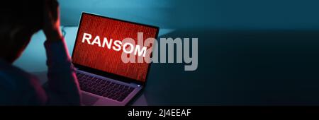 Ransomware Extortion Attack. Hacked Laptop Password. Cyber Security Stock Photo