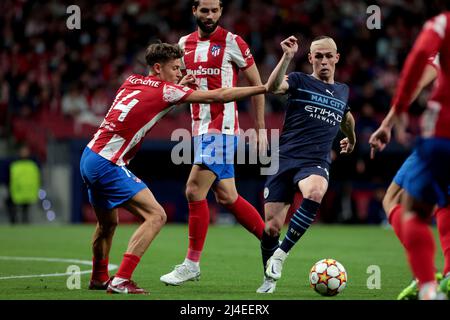 Madrid, Spanien. 13th Apr, 2022. Madrid, Spain; 13.04.2022.- Atletico de Madrid vs Manchester City Quarter finals 2nd leg Champions League, match held at the Wanda Metropolitano stadium in city of Madrid. Manchester player Phil Foden Final result 0-0 Overall result Atletico de Madrid 0 Chelsea 1 Credit: Juan Carlos RojasM/dpa/Alamy Live News