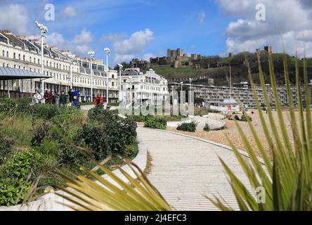The regenerated beach front in Dover, with the Castle beyond, in SE Kent, UK Stock Photo