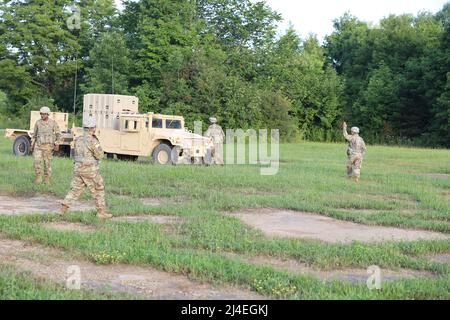 Counter Mortar Radar  - New York Army National Guard Soldiers with the 27th Infantry Brigade Combat Team position a AN/TPQ-50 Lightweight Counter Mortar Radar (LCMR) on July 31, 2019, at Fort Drum, New York. The radar section for the 27th Infantry Brigade Combat Team took a course on the new radar system that was over a week long before testing in the field.( U.S. Army National Guard photo by Sgt. Andrew Winchell ) Counter rocket, artillery, and mortar, abbreviated C-RAM or counter-RAM, is a set of systems used to detect and/or destroy incoming rockets, artillery, and mortar rounds. Stock Photo