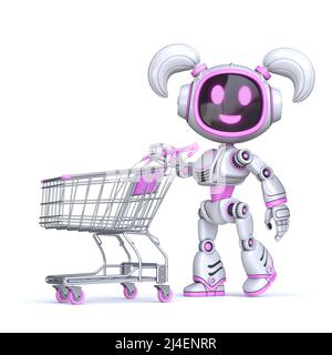 Cute pink girl robot push empty shopping cart 3D rendering illustration isolated on white background Stock Photo