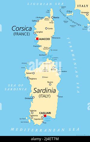 Corsica and Sardinia, political map. French and Italian islands, with capitals Ajaccio and Cagliari. Islands in Mediterranean Sea. Stock Photo