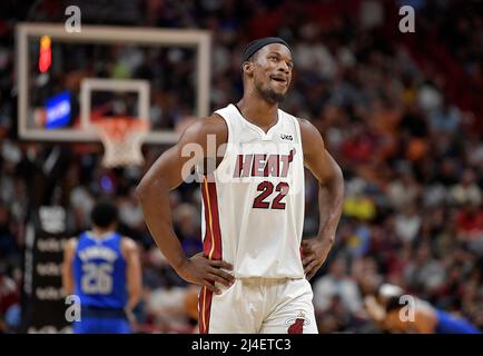 Miami, United States. 16th Feb, 2022. The Miami Heat's Jimmy Butler cracks  a smile during a break in action against the Dallas Mavericks on Feb. 15,  2022. (Photo by Michael Laughlin/South Florida
