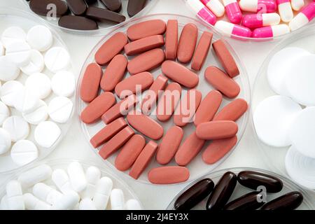 Pharmacy lab and pharmaceutical research concept with medical pills in several a petri dishes isolated on white with copy space