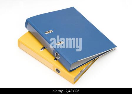 Yellow and blue office folder on white background. Stock Photo