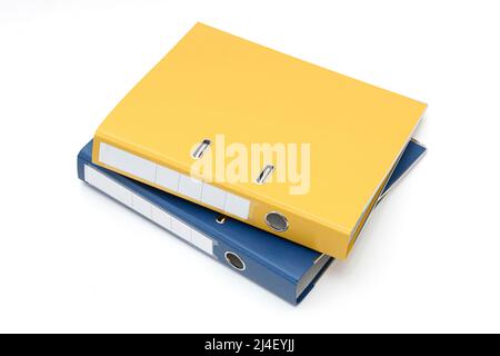 Yellow and blue office folder on white background. Stock Photo