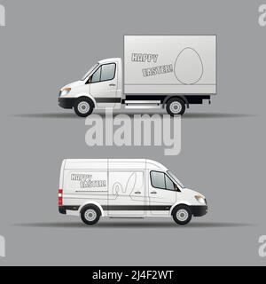 Happy easter. Design options for goose small cars for transporting Easter products. Flat vector illustration. Stock Vector