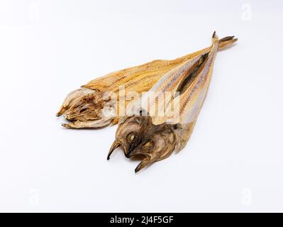 dried pollack on white background Stock Photo