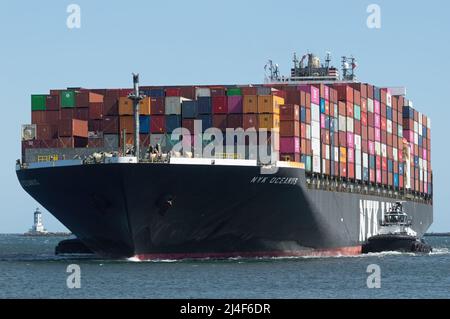 NYK Line container ship Oceanus shown entering the Port of Los Angeles, California, USA, on April 12, 2022. Stock Photo