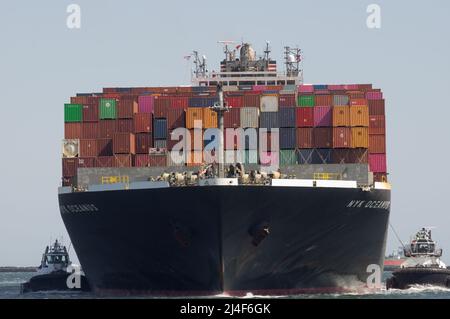 NYK Line container ship Oceanus shown entering the Port of Los Angeles, California, USA, on April 12, 2022. Stock Photo