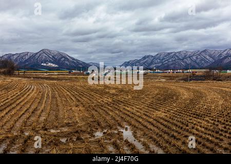Winter in Korea, rural landscape in mountainous area. Stock Photo