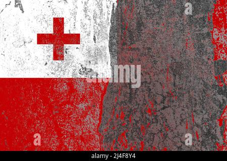 Tonga flag on a damaged old concrete wall surface Stock Photo