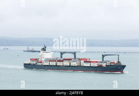 Crosshaven, Cork, Ireland. 14th April, 2022. Container ship Lucie Schulte departs Cork harbour bound for Tilbury docks in the UK at Crosshaven, Co. Cork, Ireland. - Credit; David Creedon / Alamy Live News Stock Photo