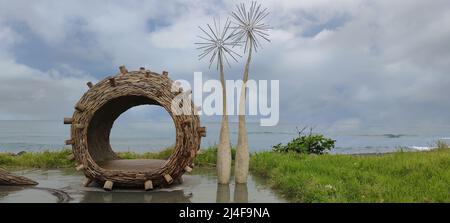 Isosaki, Hualien - Apr 11, 2022 : Installation Art on a Cloudy Day by the Sea, Taiwan Stock Photo