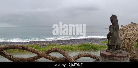 Isosaki, Hualien - Apr 11, 2022 : Installation Art on a Cloudy Day by the Sea, Taiwan Stock Photo