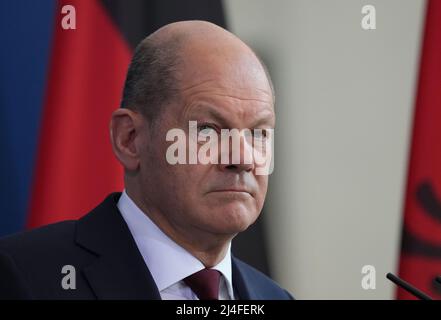 Berlin, Germany. 11th Apr, 2022. German Chancellor Olaf (SPD), photographed during a joint press conference at the Chancellor's Office with Albanian Prime Minister Rama. Credit: Soeren Stache/dpa/Alamy Live News Stock Photo