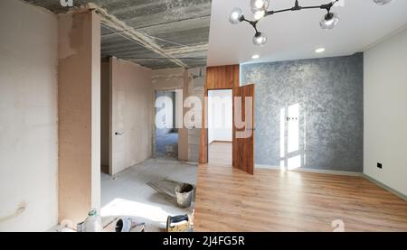 Impressive transformation of empty, untidy walls, ceiling and floor into stylish and cozy living room after renovation. Illustration of how repair can change apartment. Concept of home renovation. Stock Photo