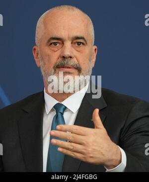 Berlin, Germany. 11th Apr, 2022. Edi Rama, Prime Minister of Albania, speaks during a joint press conference with Chancellor Scholz at the Federal Chancellery. Credit: Soeren Stache/dpa/Alamy Live News Stock Photo