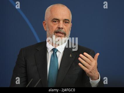Berlin, Germany. 11th Apr, 2022. Edi Rama, Prime Minister of Albania, speaks during a joint press conference with Chancellor Scholz at the Federal Chancellery. Credit: Soeren Stache/dpa/Alamy Live News Stock Photo