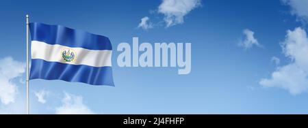 El Salvador flag, three dimensional render, isolated on a blue sky. Horizontal banner. 3D illustration Stock Photo