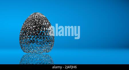 Sparkling Easter Egg with diamond pattern. Celebration greeting in 3D rendering. Stylish holiday egg on blue background with copy space for poster Stock Photo