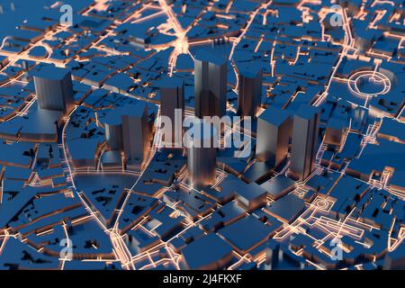 3D city with street lights. Futuristic smart city and urban technology concepts. 3D rendering. Stock Photo