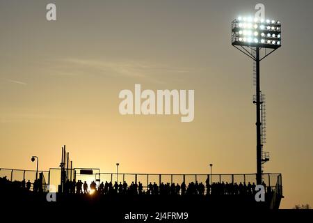 Bergamo, Italy. 14 April 2022. A general view of Gewiss Stadium is seen at sunset during the UEFA Europa League quarter final second leg football match between Atalanta BC and RB Leipzig. Credit: Nicolò Campo/Alamy Live News