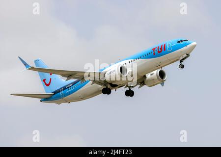 TUI Boeing 737-8 MAX (REG: G-TUMU) departing from runway 13 back to Birmingham, UK. Stock Photo