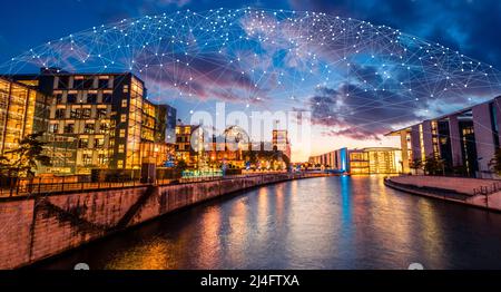 Global network 5G connection concept over panorama city view of Berlin, Germany. Networking and connection with smart digital city background. Stock Photo