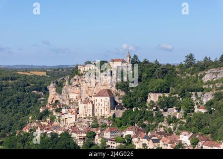 Cozy well-restored ancient city of Rocamadour attracts tourists with its medieval architecture, sanctuaries and natural beauty of nearby valleys. Lot Stock Photo