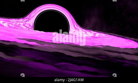 A massive black hole in space with surrounding stars being sucked in by gravitational pull. Design. Pink and black outer space black hole Stock Photo