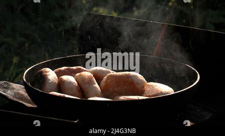 Picnic on the street. Creative . A large saucepan on which delicious meat is fried and smoke is coming , cutlets are made in nature . Stock Photo