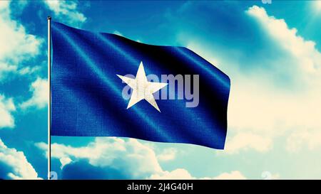 Flag of the Democratic Republic of Somalia. Motion. The flag is on a bright blue color which itself is blue with a white star in the middle. Stock Photo